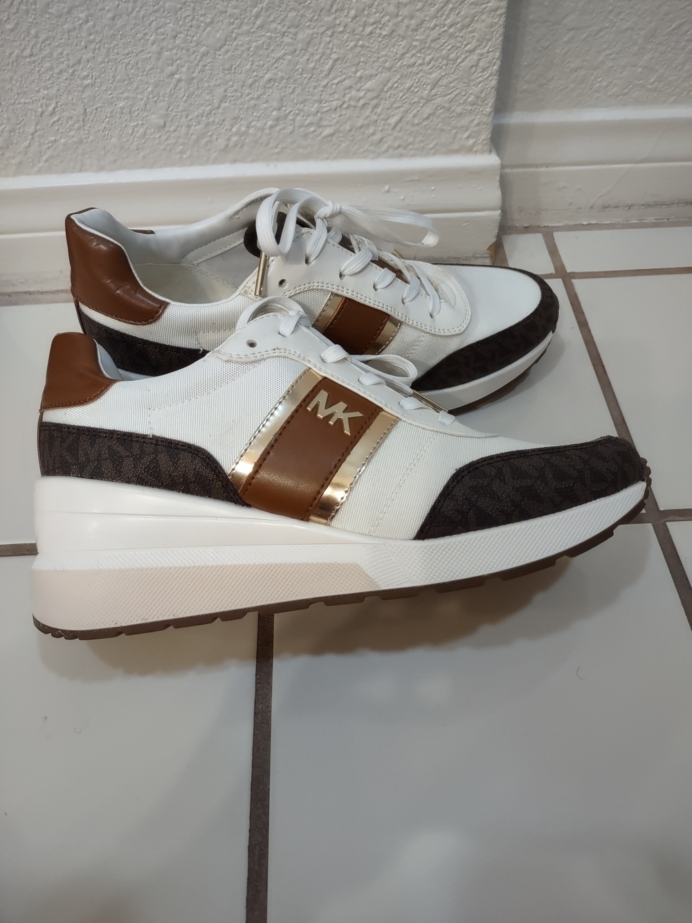 Michael Kors White & Brown MK Logo Wedge Sneaker